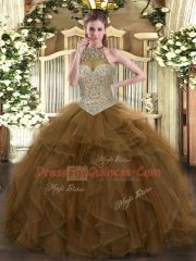 Designer Brown Ball Gowns Halter Top Sleeveless Tulle Floor Length Lace Up Beading and Ruffles Sweet 16 Quinceanera Dress