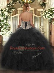 Designer Brown Ball Gowns Halter Top Sleeveless Tulle Floor Length Lace Up Beading and Ruffles Sweet 16 Quinceanera Dress