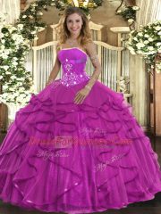 Glamorous Floor Length Ball Gowns Sleeveless Fuchsia Quinceanera Dresses Lace Up