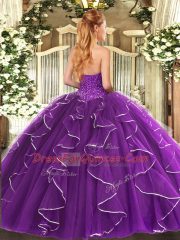 Customized Tulle Sweetheart Sleeveless Lace Up Beading and Ruffles Sweet 16 Dress in Burgundy