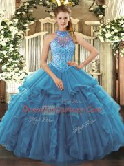 Floor Length Teal 15th Birthday Dress Halter Top Sleeveless Lace Up
