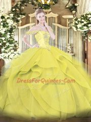Stunning Sleeveless Floor Length Beading and Ruffles Lace Up Sweet 16 Dress with Yellow