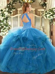 Blue Ball Gowns Organza High-neck Sleeveless Beading and Ruffles Floor Length Lace Up Quinceanera Gown