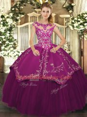 Cap Sleeves Satin and Tulle Floor Length Lace Up Sweet 16 Dresses in Purple with Beading and Embroidery