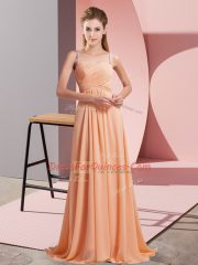 Artistic Orange A-line Chiffon Spaghetti Straps Sleeveless Ruching Criss Cross Evening Dress Sweep Train