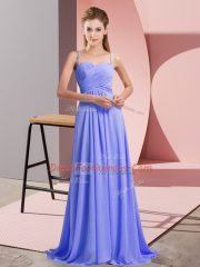 Affordable Chiffon Spaghetti Straps Sleeveless Sweep Train Backless Ruching Prom Dress in Lavender