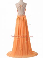 Affordable Chiffon Spaghetti Straps Sleeveless Sweep Train Backless Ruching Prom Dress in Lavender