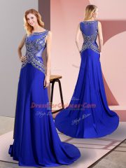 Nice Sleeveless Floor Length Beading Side Zipper Prom Dresses with Royal Blue Sweep Train