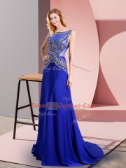 Nice Sleeveless Floor Length Beading Side Zipper Prom Dresses with Royal Blue Sweep Train