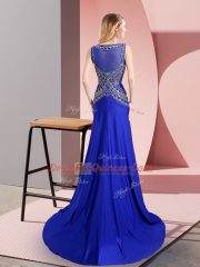 Nice Sleeveless Floor Length Beading Side Zipper Prom Dresses with Royal Blue Sweep Train