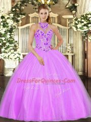 Artistic Lilac Quince Ball Gowns Military Ball and Sweet 16 and Quinceanera with Embroidery Halter Top Sleeveless Lace Up