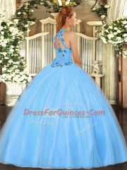 Artistic Lilac Quince Ball Gowns Military Ball and Sweet 16 and Quinceanera with Embroidery Halter Top Sleeveless Lace Up