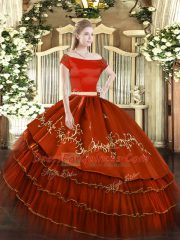 Two Pieces 15 Quinceanera Dress Rust Red Off The Shoulder Organza and Taffeta Short Sleeves Floor Length Zipper