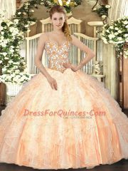 New Arrival Peach Organza Lace Up Sweet 16 Dress Sleeveless Floor Length Beading and Ruffles