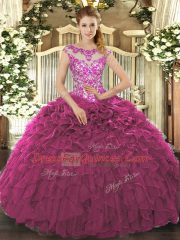 Cute Fuchsia Cap Sleeves Floor Length Beading and Appliques and Ruffles Lace Up Quinceanera Gown