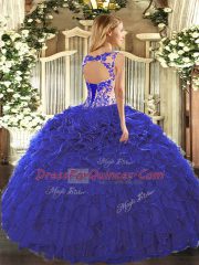 Cute Fuchsia Cap Sleeves Floor Length Beading and Appliques and Ruffles Lace Up Quinceanera Gown