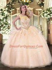 Custom Fit Scoop Sleeveless Zipper Quinceanera Gown Peach Organza