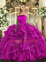 Classical Fuchsia Ball Gowns Strapless Sleeveless Organza Floor Length Lace Up Ruffles Vestidos de Quinceanera