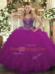 Fuchsia Tulle Lace Up Sweetheart Sleeveless Floor Length 15th Birthday Dress Beading and Ruffled Layers