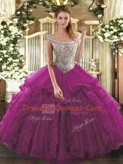 Customized Off The Shoulder Sleeveless 15 Quinceanera Dress Floor Length Beading and Ruffles Fuchsia Organza