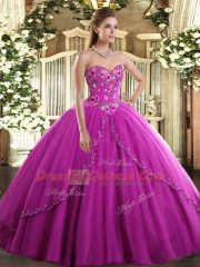 Flare Sweetheart Sleeveless Quince Ball Gowns Brush Train Appliques and Embroidery Fuchsia Tulle
