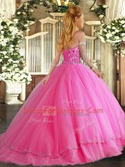 Flare Sweetheart Sleeveless Quince Ball Gowns Brush Train Appliques and Embroidery Fuchsia Tulle