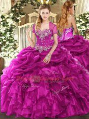 Fuchsia Sleeveless Floor Length Beading and Ruffles and Pick Ups Lace Up Sweet 16 Dress