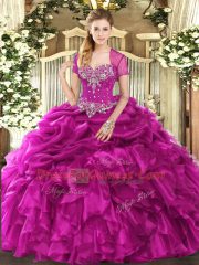 Fuchsia Sleeveless Floor Length Beading and Ruffles and Pick Ups Lace Up Sweet 16 Dress