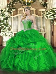 Green Sleeveless Floor Length Beading and Ruffles Lace Up Quince Ball Gowns