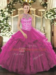 Fuchsia Ball Gowns Halter Top Sleeveless Organza Floor Length Lace Up Beading Quinceanera Dresses