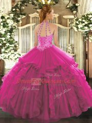 Fuchsia Ball Gowns Halter Top Sleeveless Organza Floor Length Lace Up Beading Quinceanera Dresses