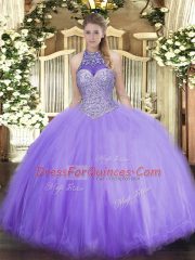 Cheap Lavender Halter Top Neckline Beading Quinceanera Dress Sleeveless Lace Up