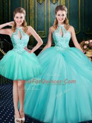 Aqua Blue Ball Gowns Halter Top Sleeveless Tulle Floor Length Lace Up Beading and Pick Ups Quinceanera Dress