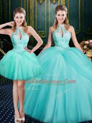 Aqua Blue Ball Gowns Halter Top Sleeveless Tulle Floor Length Lace Up Beading and Pick Ups Quinceanera Dress
