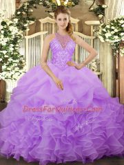 Halter Top Sleeveless Organza Vestidos de Quinceanera Beading and Ruffles and Pick Ups Lace Up