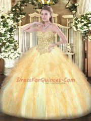 Latest Champagne Sleeveless Appliques and Ruffles Floor Length 15 Quinceanera Dress
