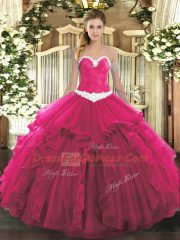 Latest Floor Length Hot Pink Quinceanera Dresses Organza Sleeveless Appliques and Ruffles