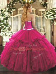 Latest Floor Length Hot Pink Quinceanera Dresses Organza Sleeveless Appliques and Ruffles