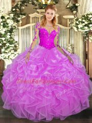 Adorable Long Sleeves Organza Floor Length Lace Up Vestidos de Quinceanera in Lilac with Lace and Ruffles