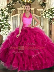 Artistic Fuchsia Sleeveless Organza Lace Up Quinceanera Gowns for Military Ball and Sweet 16 and Quinceanera