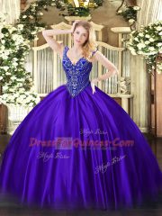 V-neck Sleeveless Sweet 16 Quinceanera Dress Floor Length Beading Purple Satin