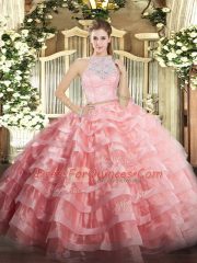 Fashionable Watermelon Red Two Pieces Scoop Sleeveless Tulle Floor Length Zipper Lace and Ruffled Layers Ball Gown Prom Dress