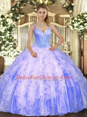 Top Selling Lavender Ball Gowns Tulle V-neck Sleeveless Beading and Ruffles Floor Length Lace Up Quinceanera Dress
