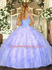 Top Selling Lavender Ball Gowns Tulle V-neck Sleeveless Beading and Ruffles Floor Length Lace Up Quinceanera Dress