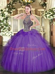 Lavender Ball Gowns Halter Top Sleeveless Tulle Floor Length Lace Up Beading 15th Birthday Dress