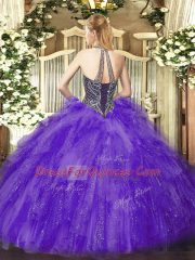 Lavender Ball Gowns Halter Top Sleeveless Tulle Floor Length Lace Up Beading 15th Birthday Dress