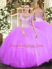 Lilac Ball Gowns Beading Vestidos de Quinceanera Clasp Handle Tulle Sleeveless Floor Length