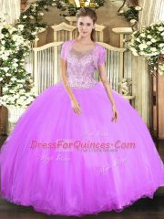 Lilac Ball Gowns Beading Vestidos de Quinceanera Clasp Handle Tulle Sleeveless Floor Length