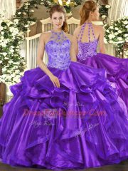 Ball Gowns Quinceanera Dresses Purple Halter Top Organza Sleeveless Floor Length Lace Up