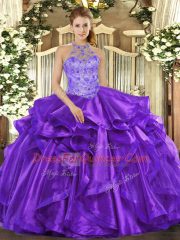 Ball Gowns Quinceanera Dresses Purple Halter Top Organza Sleeveless Floor Length Lace Up